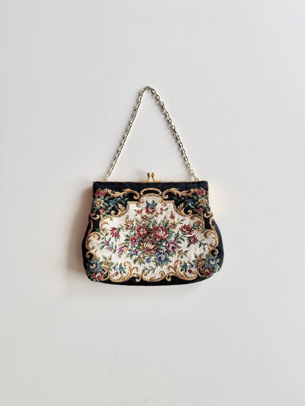 Vintage GOLDCO Floral Tapestry Jacquard Crystal Kiss Lock Evening Purse Bag